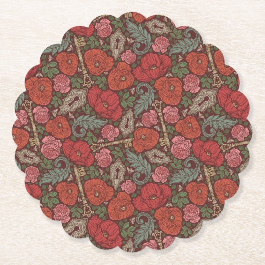 Victoriaanse Steampunk Oude Slot Sleutel Rode Klap Kartonnen Onderzetters (Voorkant)