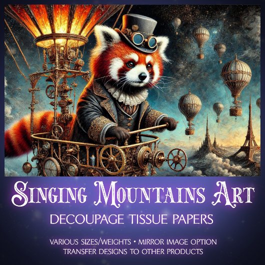 Victoriaanse Steampunk Rode Panda Droom Decoupage  Tissuepapier