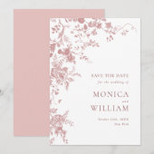 Victoriaanse Stof Roze Franse Tuin Bloemige Bruilo Save The Date (Voorkant / Achterkant)