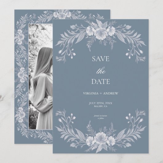 Victoriaanse stoffige blauwe bloemachtige trouw sa save the date (Voorkant / Achterkant)