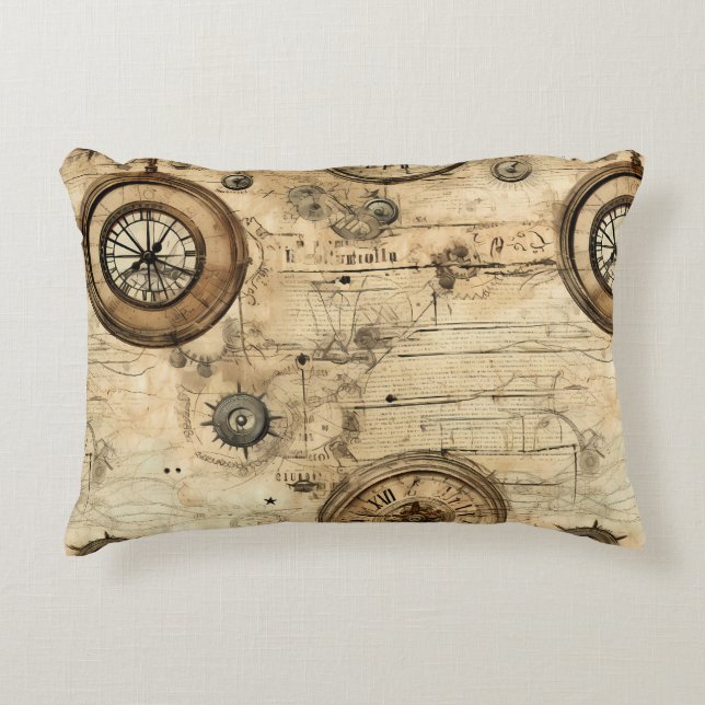 Victoriaanse Stoomtech Machinerie Sepia Bruin Accent Kussen (Voorkant)