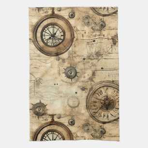 Victoriaanse Stoomtech Machinerie Sepia Bruin Theedoek