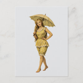 Victoriaanse strandmeisje met parasol gele strepen briefkaart