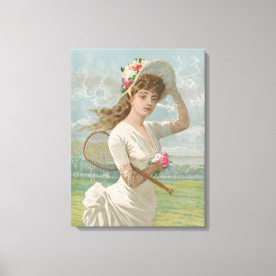 Victoriaanse Tennisdame met Gebloemde Hoed Antiek Canvas Afdruk
