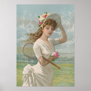 Victoriaanse Tennisdame met Gebloemde Hoed Antiek Poster