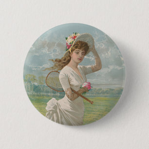 Victoriaanse Tennisdame met Gebloemde Hoed Antiek Ronde Button 5,7 Cm