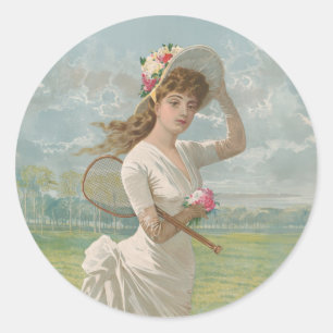 Victoriaanse Tennisdame met Gebloemde Hoed Antiek Ronde Sticker