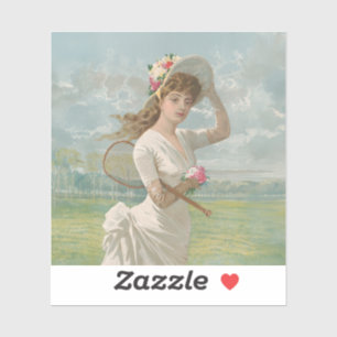 Victoriaanse Tennisdame met Gebloemde Hoed Antiek Sticker