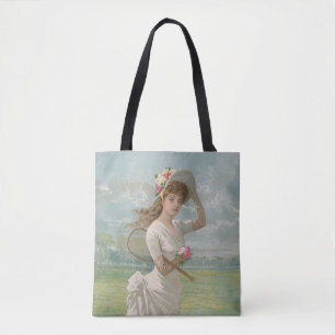 Victoriaanse Tennisdame met Gebloemde Hoed Antiek Tote Bag
