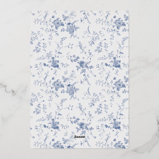 Victoriaanse Toile Frans Blauw Klassieke Trouw Zil Folie Uitnodiging (Achterkant)