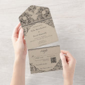 Victoriaanse Tot de Dood Zwart Bruin Bruiloft QR C All In One Uitnodiging (Afscheurbaar)