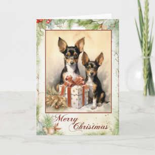 Victoriaanse Toy Fox Terrier Puppy Kerstmis Feestdagen Kaart
