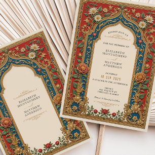 Victoriaanse trouwrode & gouden bloemaccenten kaart