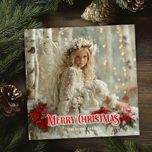 Victoriaanse vintage engel rode poinsettia's feest feestdagenkaart