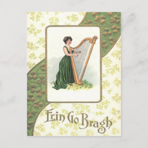 Victoriaanse vrouw harp klaverblad goud briefkaart
