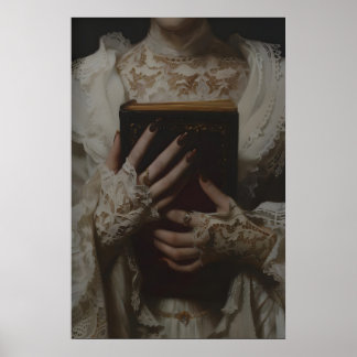 Victoriaanse vrouw met antiek boek, donker poster