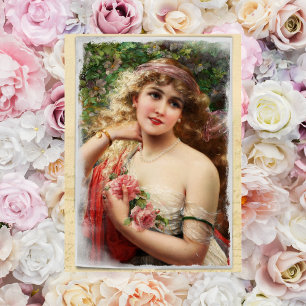 Victoriaanse vrouw met roze rozen ansichtkaart briefkaart