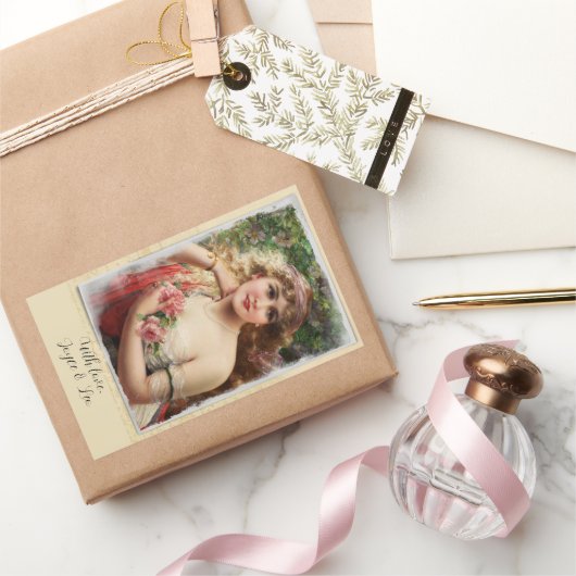 Victoriaanse vrouw met roze rozen romantisch cadea rechthoekige sticker (Geschenken)