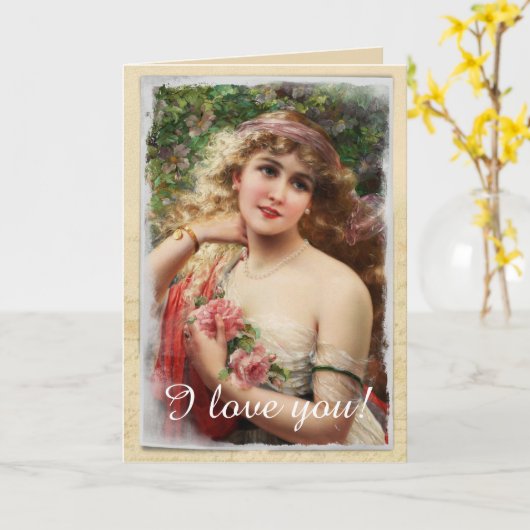 Victoriaanse vrouw met roze rozen romantisch kaart (Gele Bloem)