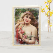 Victoriaanse vrouw met roze rozen wenskaart kaart (Gele Bloem)