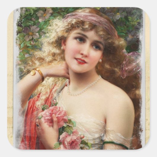 Victoriaanse vrouw met roze rozenstickers vierkante sticker (Voorkant)
