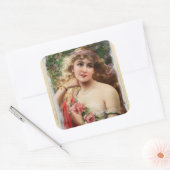 Victoriaanse vrouw met roze rozenstickers vierkante sticker (Envelop)