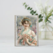 Victoriaanse vrouw met rozen in waterverf kaart (Staand voorkant)