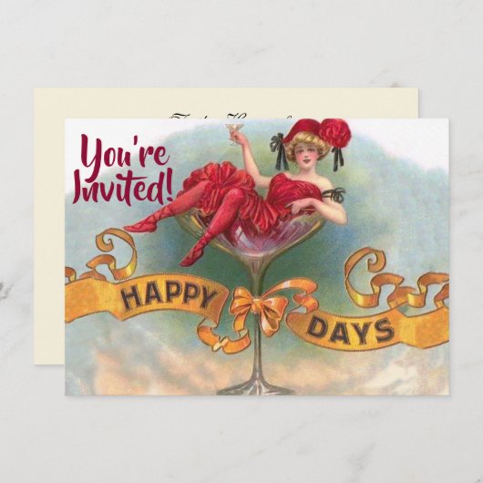 Victoriaanse vrouw rode champagne blij kaart (Voorkant / Achterkant)