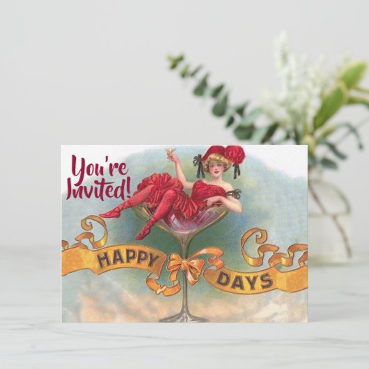 Victoriaanse vrouw rode champagne blij kaart (Staand voorkant)