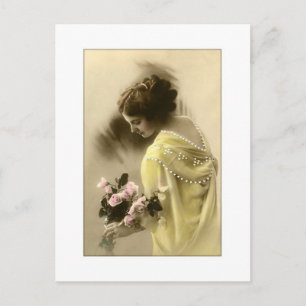 Victoriaanse vrouw roze rozen, romantisch briefkaart