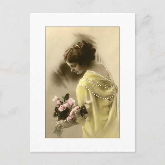 Victoriaanse vrouw roze rozen, romantisch briefkaart (Voorkant)