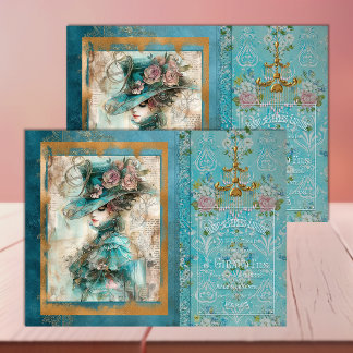 Victoriaanse vrouw tealblauw – decoupage tissuepap tissuepapier