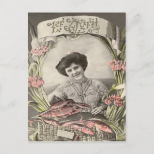 Victoriaanse vrouw Vissersgrap Poisson d'avril 1 a Briefkaart