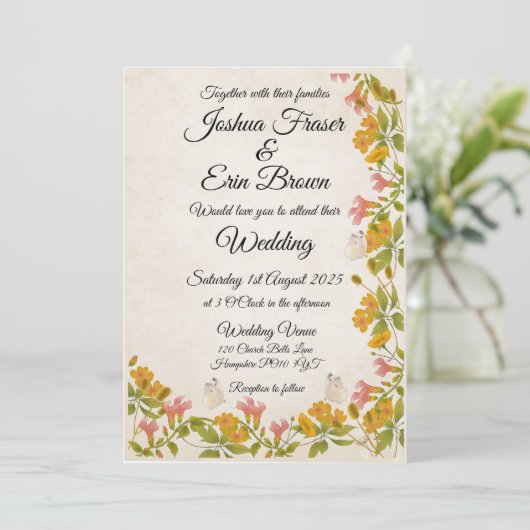 Victoriaanse weide gele uitnodiging (Staand voorkant)