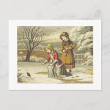 Victoriaanse winterkinderen voeren roodborst (1853