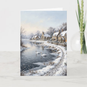 Victoriaanse Winterzwanen Dorps Kerstkaart Feestdagen Kaart