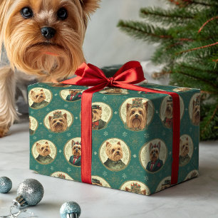 Victoriaanse Yorkie Kerstportretten op Smaragdgroe Cadeaupapier