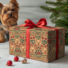 Victoriaanse Yorkie Vakantie Bloemen op Antiek Gou Cadeaupapier