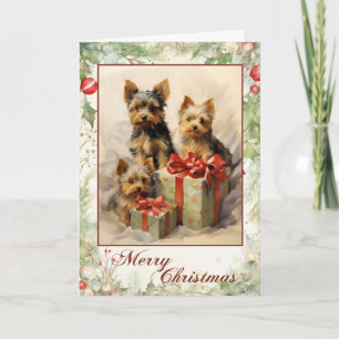 Victoriaanse Yorkshire Terrier Puppy Kerstmis Feestdagen Kaart