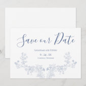 Victoriaanse zachte blauwe bloemen save the date (Voorkant / Achterkant)