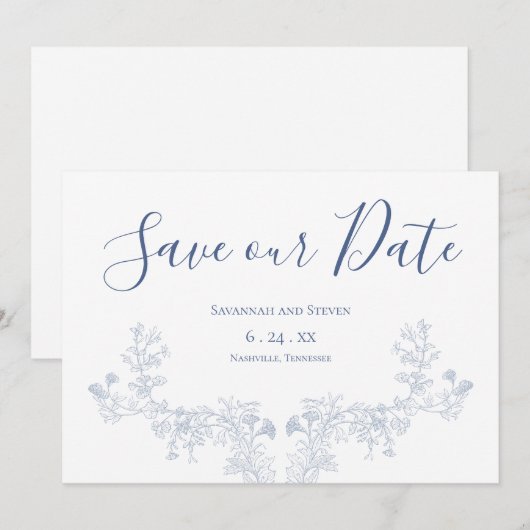 Victoriaanse zachte blauwe bloemige Save the Date (Voorkant / Achterkant)