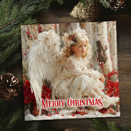 Victorian angel red poinsettias elegant holiday  feestdagenkaart