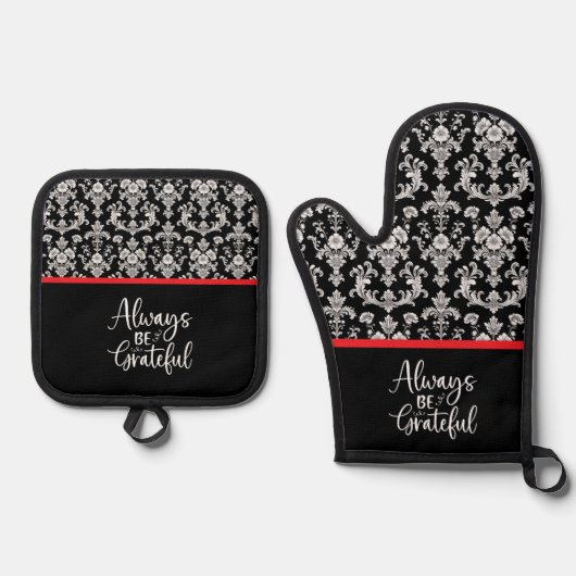 Victorian Black and White Damask Pattern Ovenwant & Pannenlap Set (Voorkant)