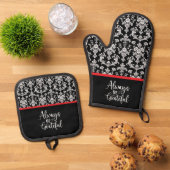 Victorian Black and White Damask Pattern Ovenwant & Pannenlap Set (Top down)