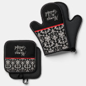 Victorian Black and White Damask Pattern Ovenwant & Pannenlap Set (Voorkant / Achterkant)