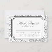Victorian Black and White Floral Line Art Wedding RSVP Kaartje (Voorkant)