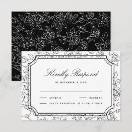 Victorian Black and White Floral Line Art Wedding RSVP Kaartje