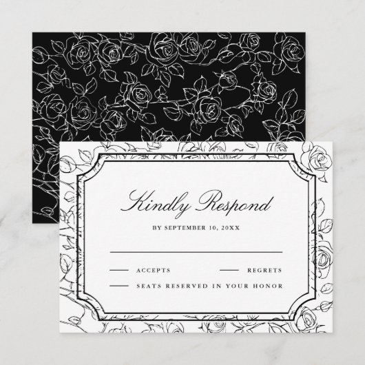 Victorian Black and White Floral Line Art Wedding RSVP Kaartje (Voorkant / Achterkant)