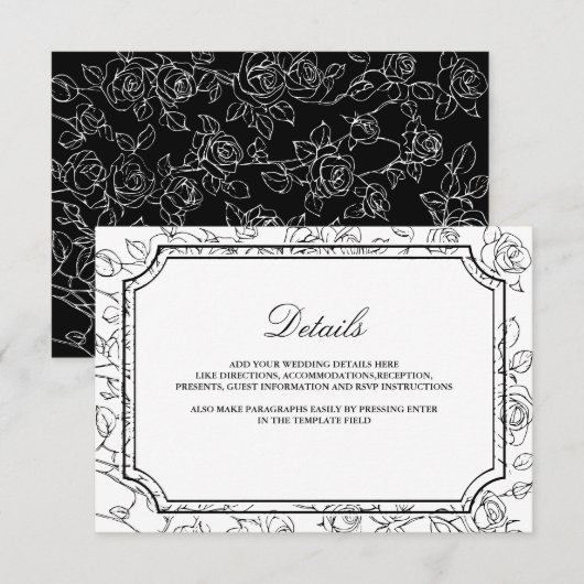 Victorian Black and White Line Art Wedding Details Informatiekaartje (Voorkant / Achterkant)