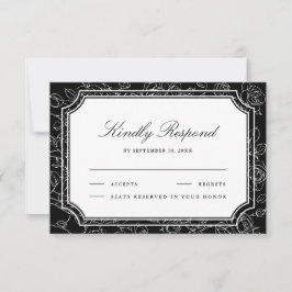 Victorian Black Floral Line Art Wedding RSVP Kaartje